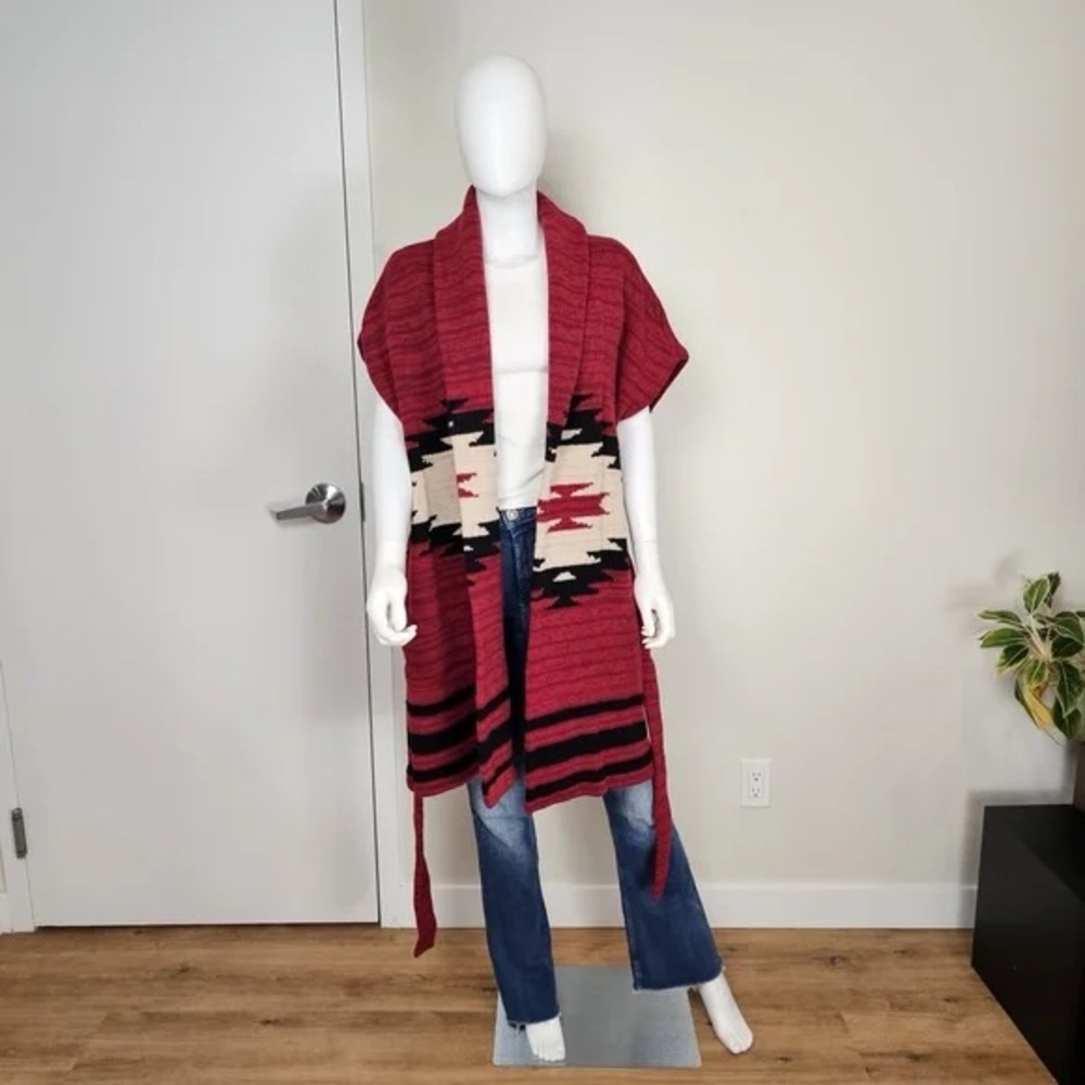 LRL Ralph Lauren Deep Red Native Tribal Aztec Sleeveless Knit Wrap Cardigan, S - Picture 12 of 16